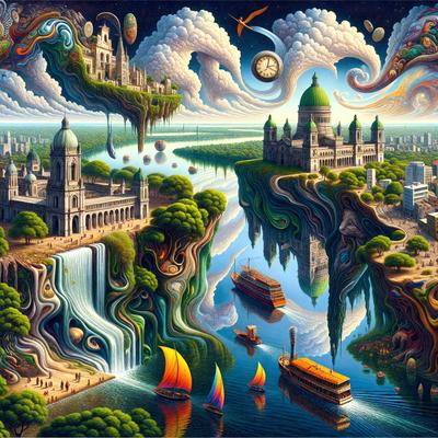 The primary subject of the image is a painting of a city with a river flowing through it. The city is depicted as a fantasy world with a clock tower and a castle. The river is filled with boats, including a large boat in the middle of the scene. The setting is a painting, and the visual style is artistic and imaginative. The colors and mood of the painting are vibrant and lively, creating a sense of wonder and excitement.